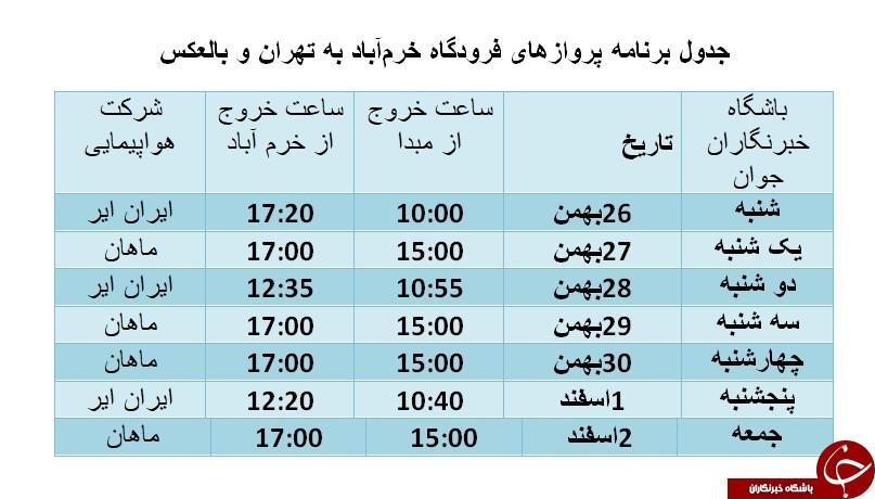 برنامه پرواز های فرودگاه خرم آباد به تهران و مشهد از 26 بهمن ماه تا 2 اسفندماه ماه 98